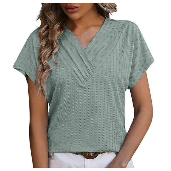 BLVB Women's Short Sleeve Tunic Tops Summer V Neck Solid Color T-Shirts Casual Going out Dressy Blouse Tees