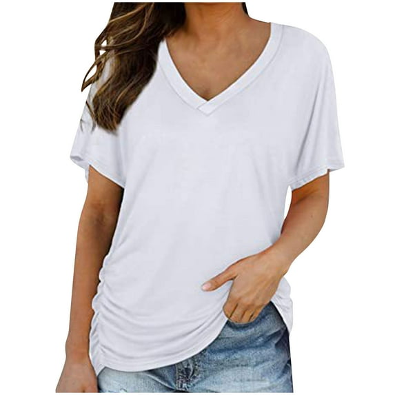 BLVB Women's Short Sleeve V Neck Pleated T Shirts Summer Loose Basic Tunic with Side Shirring Solid Color Casual Top Tees
