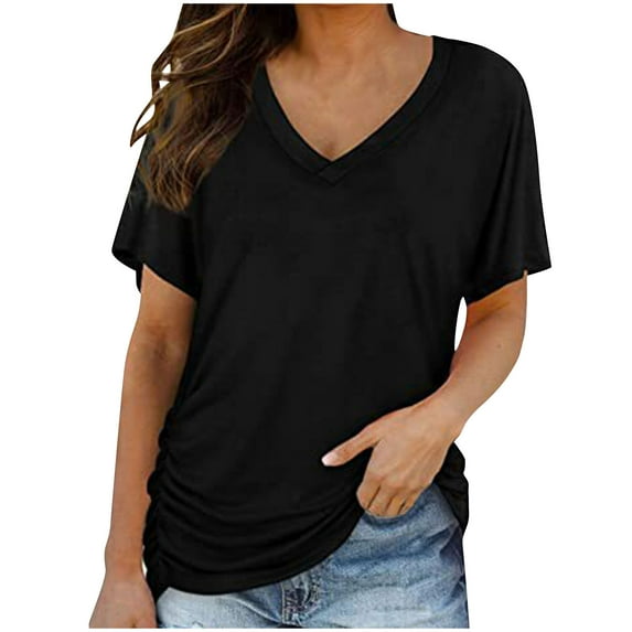 BLVB Women's Short Sleeve V Neck Pleated T Shirts Summer Loose Basic Tunic with Side Shirring Solid Color Casual Top Tees