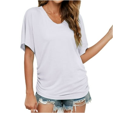 BLVB Women's Short Sleeve V Neck T Shirts Summer Loose Basic Tunic Side Shirring Casual Solid Color Tops Tees