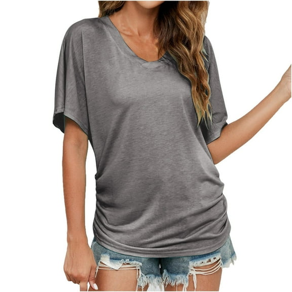 BLVB Women's Short Sleeve V Neck T Shirts Summer Loose Basic Tunic Side Shirring Casual Solid Color Tops Tees