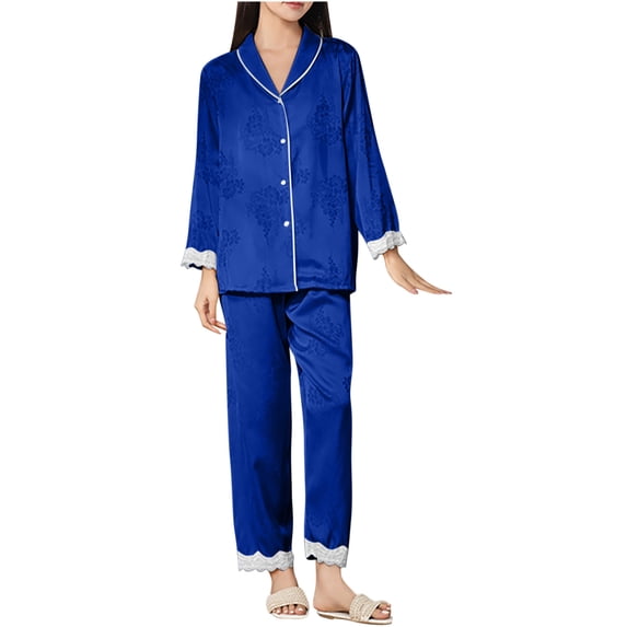 BLVB Women's Silk Satin Pajama Sets 2 Piece Long Sleeve Button down Shirts and Pants Outfits Sleepwear Pjs