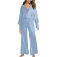 thumbnail image 1 of BLVB Women's Silk Satin Pajamas 2 Piece Outfits V Neck Long Sleeve Shirts and Wide Leg Pants Sets Sleepwear Pjs, 1 of 8
