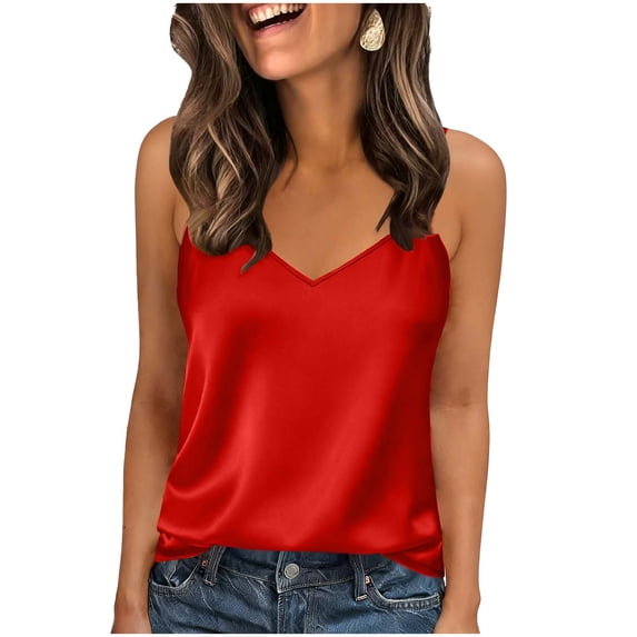 BLVB Women's Silk Satin Tank Tops V Neck Adjustable Spaghetti Strap Sleeveless Camisole Shirts Summer Basic Blouse