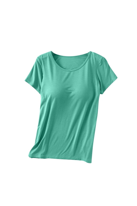 Women’s Sleep and Lounge Pajamas Top Short Sleeve Crewneck Lightweight Chest Padded Tee Shirt for Yoga Workout