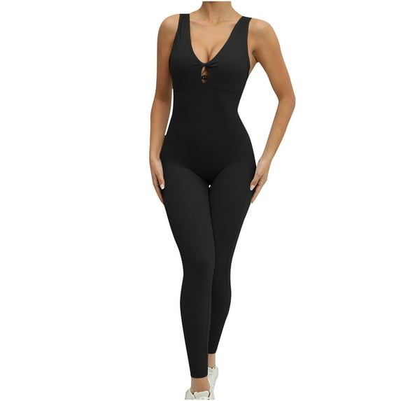BLVB Women's Sleeveless Bodycon V Neck Tank Long Rompers Athletic Workout Jumpsuits Playsuit Clubwear