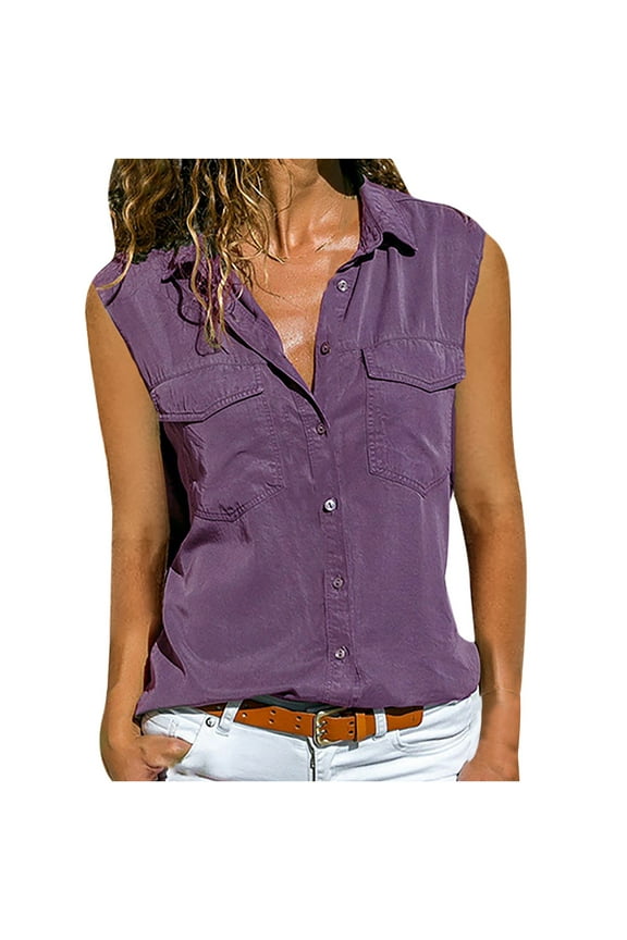 Women's Sleeveless Button down Shirts Casual Work Blouses Solid Color Loose V Neck Tank Tops Summer Outfits