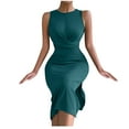 thumbnail image 1 of BLVB Women's Sleeveless Slim Dress Crewneck Pleat Waist Slit Ribbed Knit Tank Long Dress Elegant Party Club Dress, 1 of 3