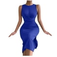 thumbnail image 1 of BLVB Women's Sleeveless Slim Dress Crewneck Pleat Waist Slit Ribbed Knit Tank Long Dress Elegant Party Club Dress, 1 of 3