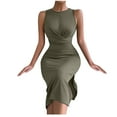 thumbnail image 1 of BLVB Women's Sleeveless Slim Dress Crewneck Pleat Waist Slit Ribbed Knit Tank Long Dress Elegant Party Club Dress, 1 of 3