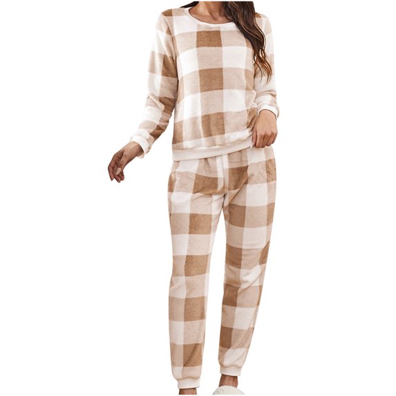 BLVB Women's Soft Flannel Fleece Pajamas Sets Warm Comfy Crewneck Pullover Long Pants PJs Suits Loungewear Sleepwear