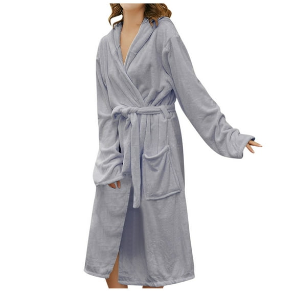 BLVB Women's Soft Plush Fleece Hooded Bathrobe, Full Length Long Warm Hooded Lounge Robe Housecoat with Pockets