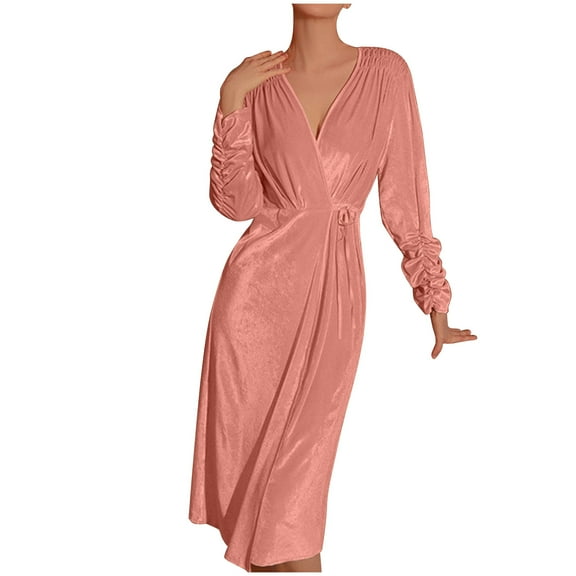 BLVB Women's Soft Velvet Robe Ruched Long Sleeve Velour Bathrobe Drawstring Long Loungewear Sleepwear Dressing Gown