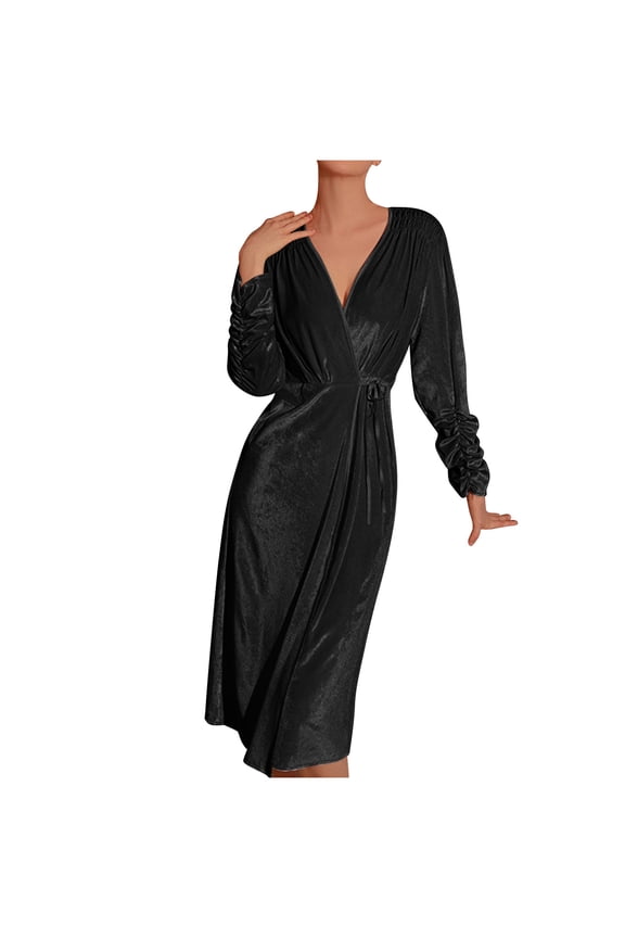 Women's Soft Velvet Robe Ruched Long Sleeve Velour Bathrobe Drawstring Long Loungewear Sleepwear Dressing Gown