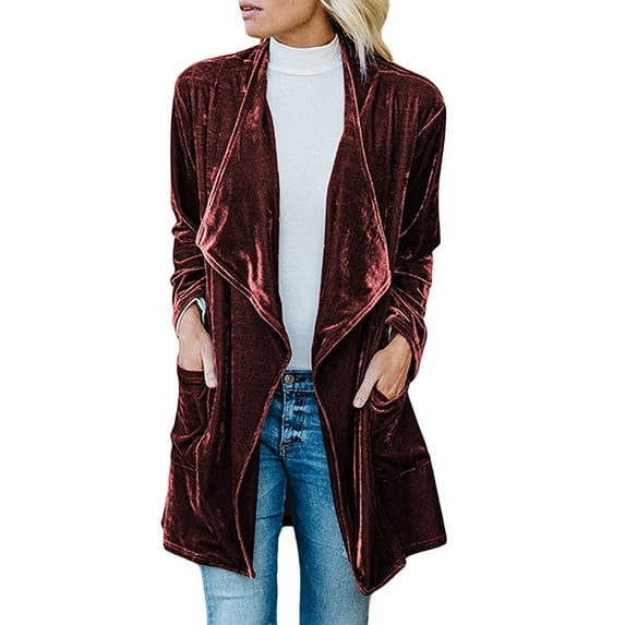 BLVB Women's Solid Color Long Sleeve Velvet Jacket Open Front Cardigan Coat with Pockets Outerwear Fall Fashion Wine