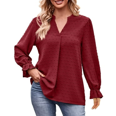 BLVB Women's Spring Fall Tops Trendy V Neck Swiss Dot Long Sleeve Shirts Casual Loose Comfy Ladies Blouse Tee