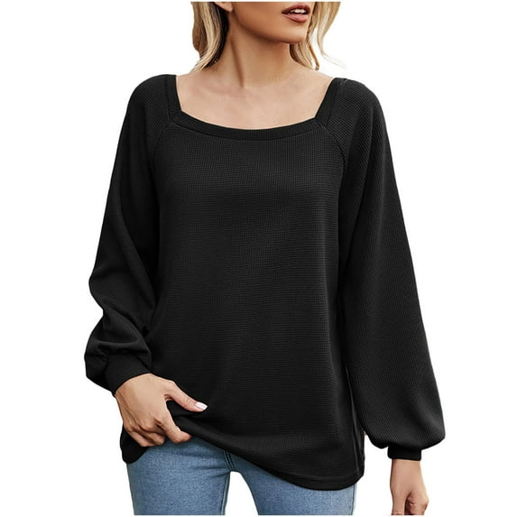 BLVB Women's Spring Fall Tunic Tops Square Collar Long Sleeve Shirts Solid Casual Loose Ladies Dressy Blouse