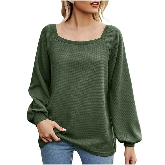 BLVB Women's Spring Fall Tunic Tops Square Collar Long Sleeve Shirts Solid Casual Loose Ladies Dressy Blouse