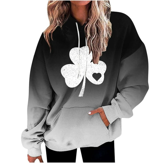 BLVB Women's St. Patrick's Day Green Hoodie Tops Casual Long Sleeve Sweatshirt Shamrock Pullover Tops with Pocket
