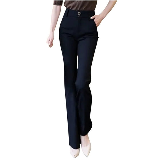 BLVB Women's Straight Leg Dress Pants Stretchy High Waisted Work Office Trousers Casual Loose Pants with Pockets
