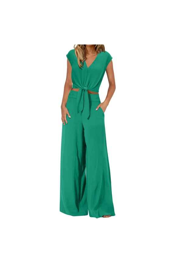 Women's Summer 2 Piece Outfits Cap Sleeve V Neck Crop Tops Wide Leg Pant Sets Casual Tracksuit Lounge Wear