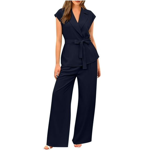 BLVB Women's Summer 2 Piece Outfits 2024 Cap Sleeve V Neck Open Front Blazer and Wide Leg Pants Office Work Suit Sets