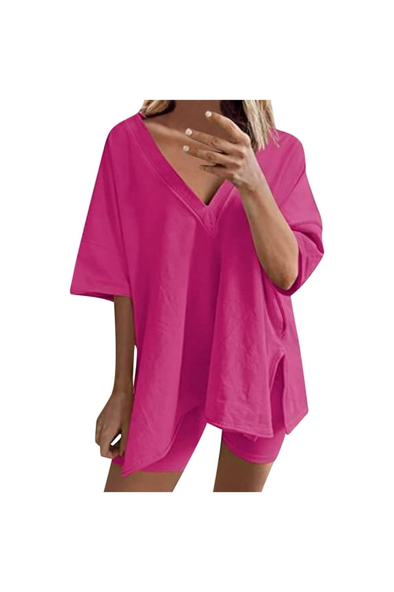 Women's Summer 2 Piece Outfits Casual V Neck Short Sleeve Slit Tops and Shorts Lounge Sets Sleepwear