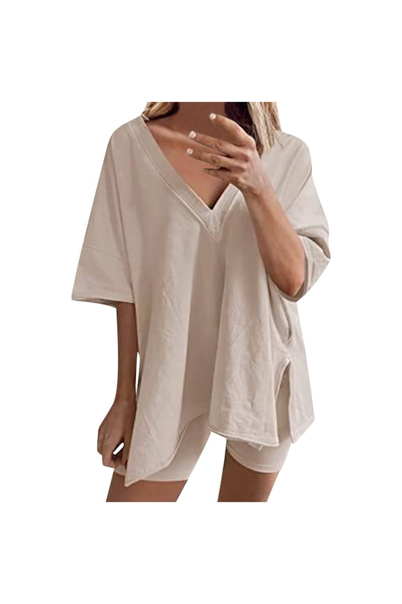 Women's Summer 2 Piece Outfits Casual V Neck Short Sleeve Slit Tops and Shorts Lounge Sets Sleepwear