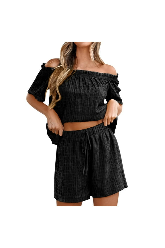 Women's Boho Two Piece Outfit Short Sleeve Ruffle Off Shoulder Top and Drawstring Shorts Beach Holiday Set Loungewear
