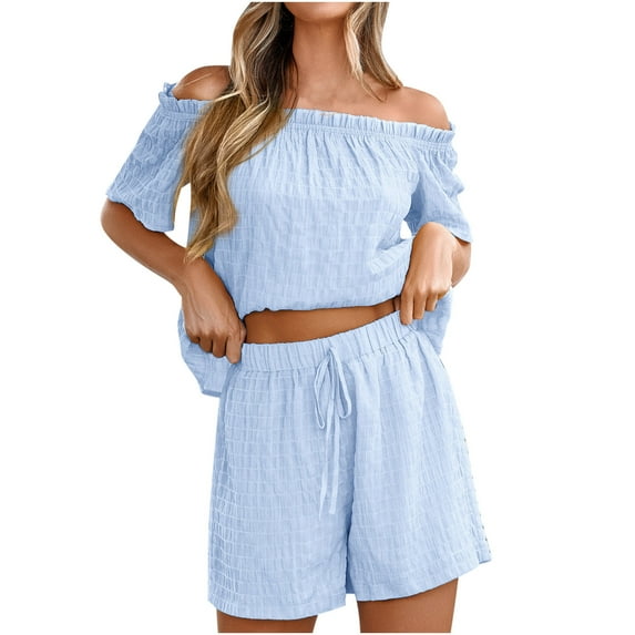 BLVB Women's Summer 2 Piece Outfits Casual off Shoulder Short Sleeve Tops and Drawstring Shorts Lounge Sets