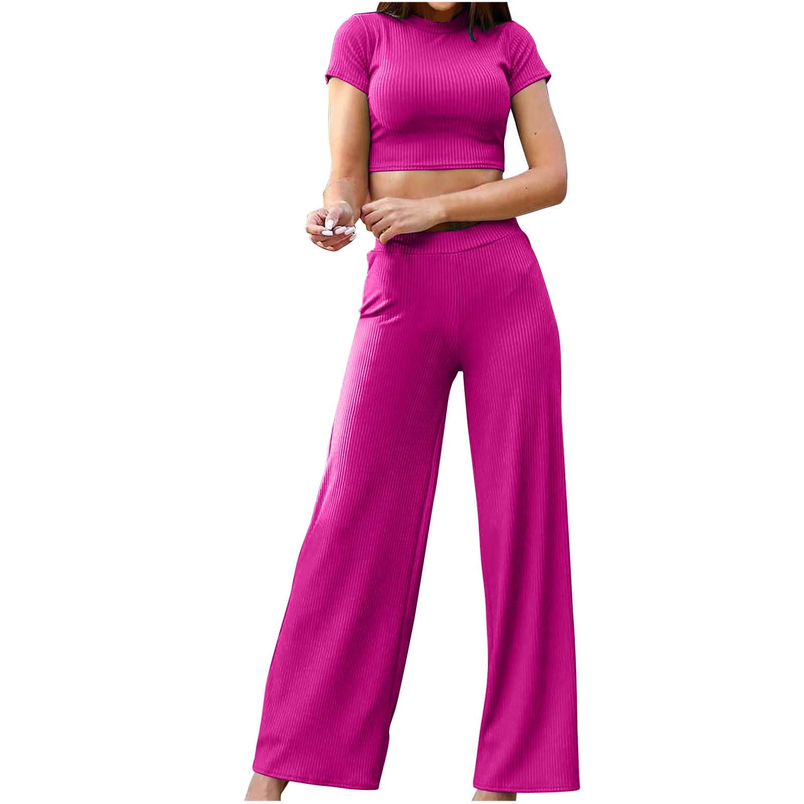 HBQ Women's 2-Piece Lounge Set - Casual Contrast Binding Crop Top & Flare Pants Tracksuit