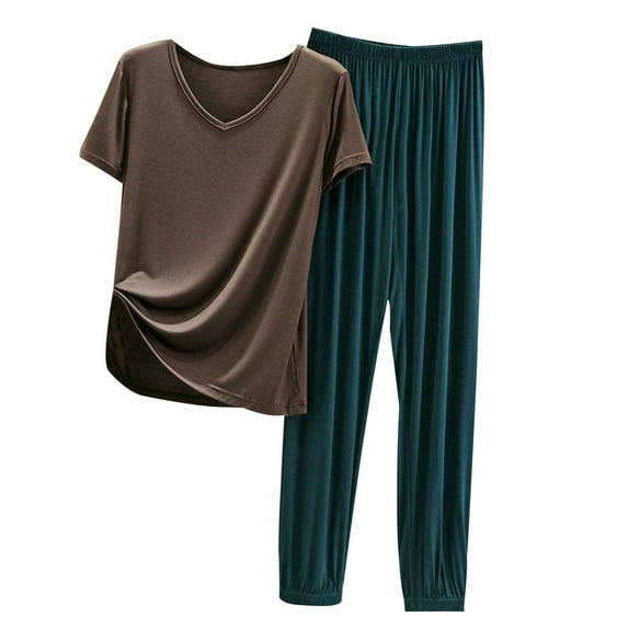 BLVB Women's Summer 2 Piece Outfits Sleepwear Casual Soft V Neck Short Sleeve Tops and Pants Pajama Sets Pjs