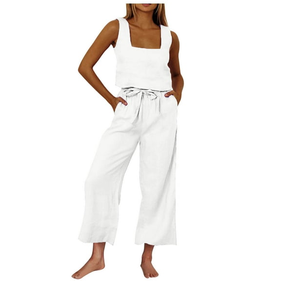 BLVB Women's Summer 2 Piece Outfits Sleeveless Tank Crop Top Wide Leg Pants Cotton Linen Lounge Matching Sets with Pockets