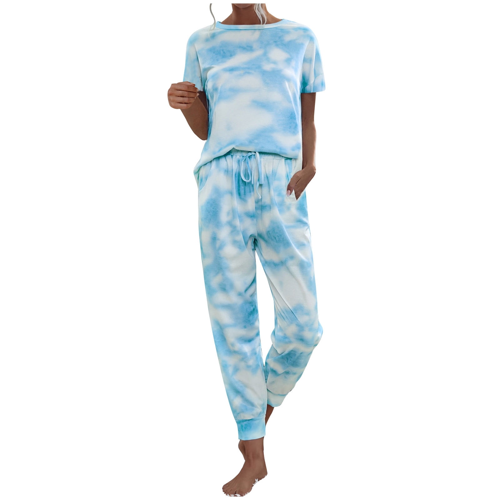 Shiny Tie-Dye Crewneck Top and Drawstring Waist Joggers Lounge Set