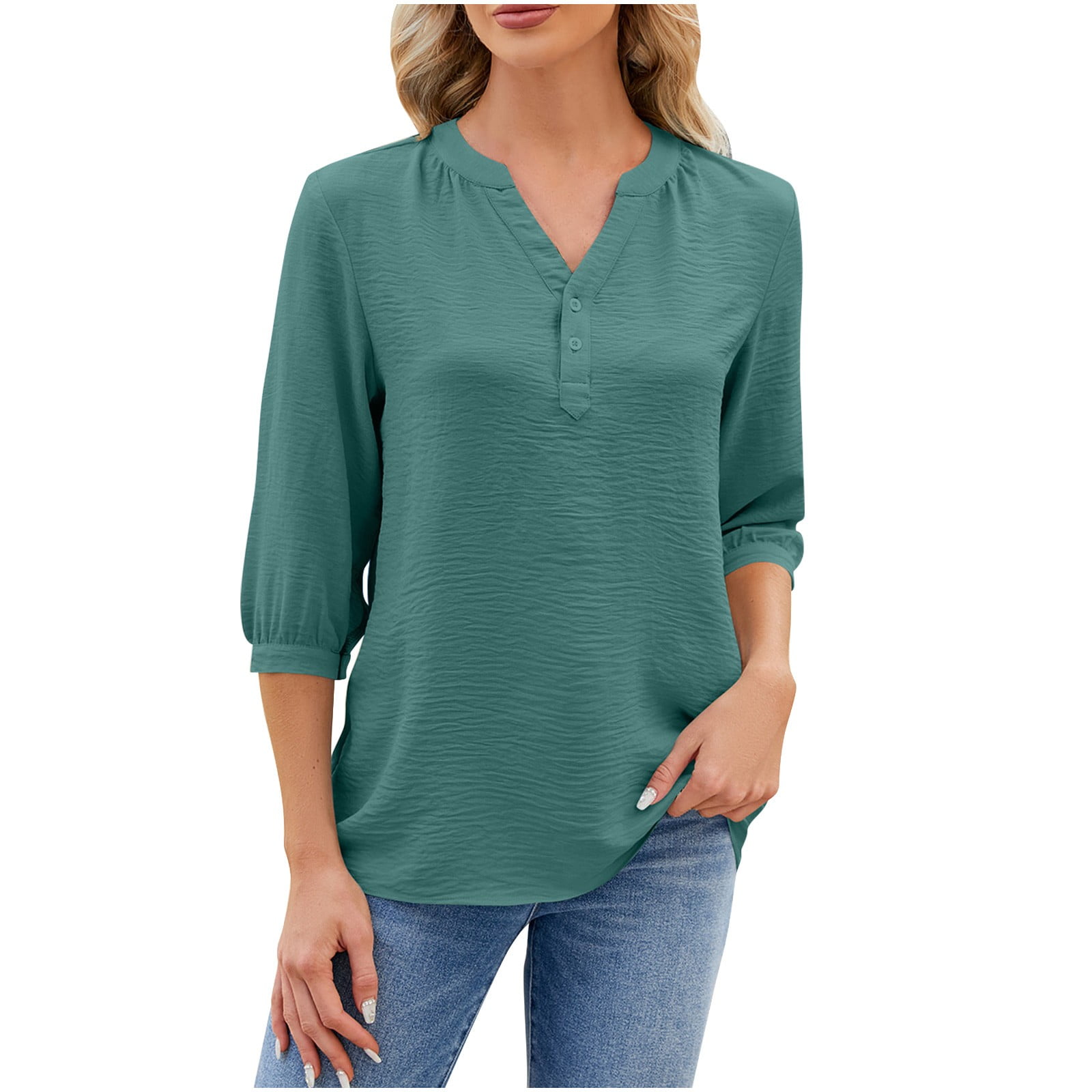3/4 Sleeve Raglan Shirts For Women Color Block Henley