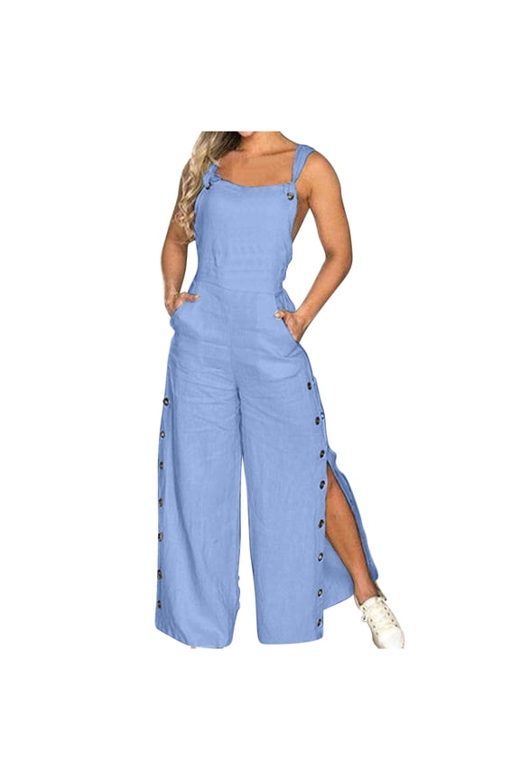 Women's Summer Bib Overalls Casual Sleeveless Adjustable Straps Split Wide Leg Pants Jumpsuit Romper with Pockets