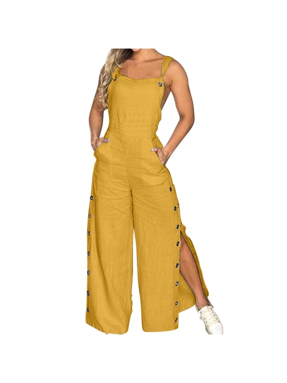 Women's Summer Bib Overalls Casual Sleeveless Adjustable Straps Split Wide Leg Pants Jumpsuit Romper with Pockets