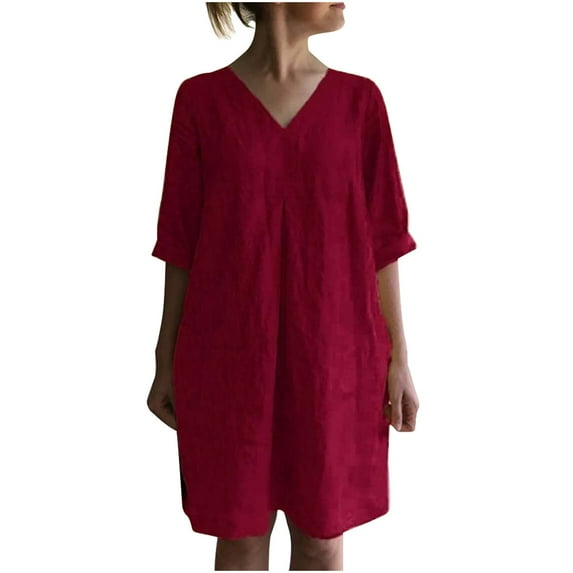 BLVB Women's Summer Cotton Linen Short Dress 3/4 Sleeve Casual Comfy T Shirt Dress Loose Solid Color Dress Tops