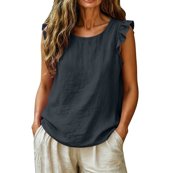BLVB Women's Summer Cute Tank Top Casual Crewneck Ruffle Sleeveless Spring Fall Blouse Shirts Beach Vacation Clothes