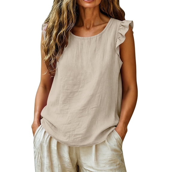 BLVB Women's Summer Cute Tank Top Casual Crewneck Ruffle Sleeveless Spring Fall Blouse Shirts Beach Vacation Clothes