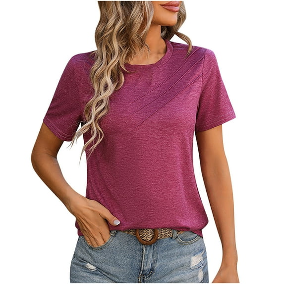 BLVB Women's Summer Dressy Tops Casual Crew Neck Short Sleeve Basic Shirts Casual Pleated Solid Color Tunic Blouses