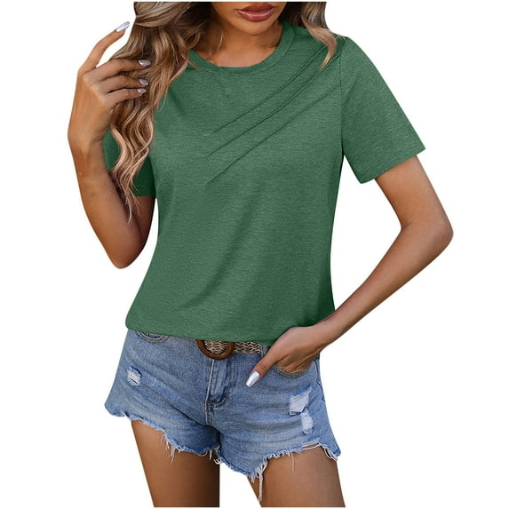 BLVB Women's Summer Dressy Tops Casual Crew Neck Short Sleeve Basic Shirts Casual Pleated Solid Color Tunic Blouses