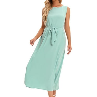 BLVB Women's Summer Long Dresses 2025 Round Neck Sleeveless Tie Waist Casual Flowy Beach Vacation Maxi Dress