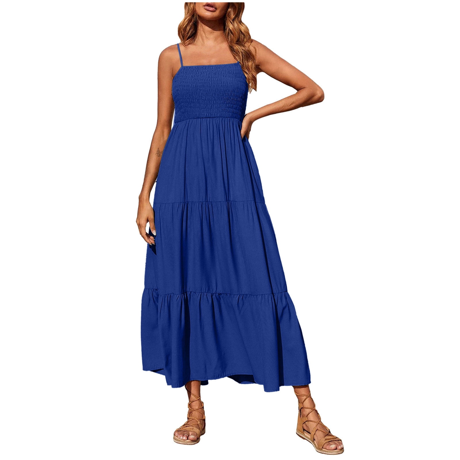 BLVB Women's Summer Maxi Dress 2023 Casual Boho Sleeveless Spaghetti Strap  Smocked Tiered Flowy Long Beach Sun Dresses 