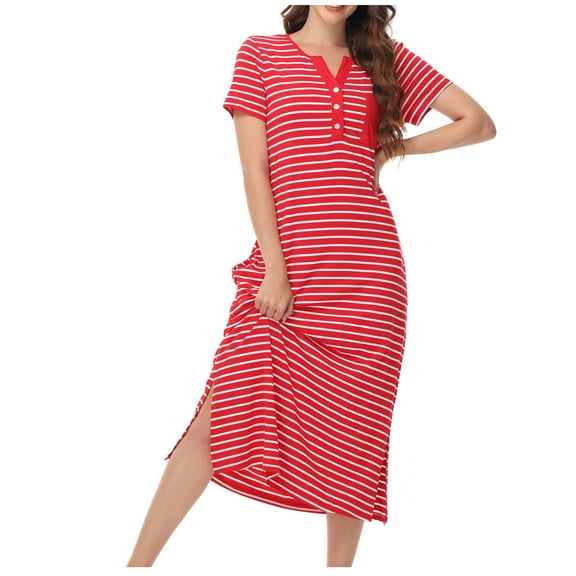 BLVB Women's Summer Nightgown Striped Button Short Sleeve Sleepshirt Casual Split Comfy Pajama Long Dress with Pockets