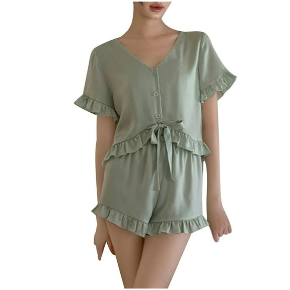 BLVB Women's Summer Pajama Sets Cute Ruffle V Neck Short Sleeve Tops and Shorts 2 Piece Outfit Sleepwear Pjs