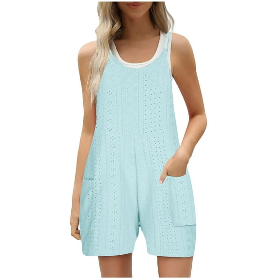 BLVB Women's Summer Romper Scoop Neck Sleeveless Overall Straight Leg Outfit Beach Vacation Jumpsuits with Pockets
