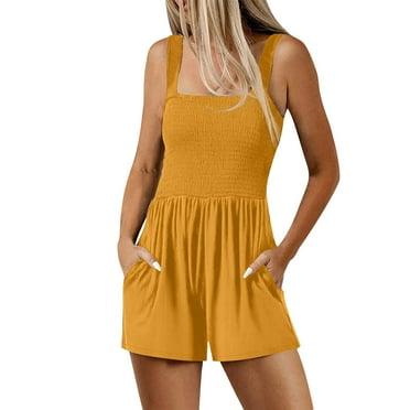 BLVB Women's Summer Rompers Casual Smocked Square Neck Sleeveless Loose Shorts Jumpsuit Beach Vacation Clothes