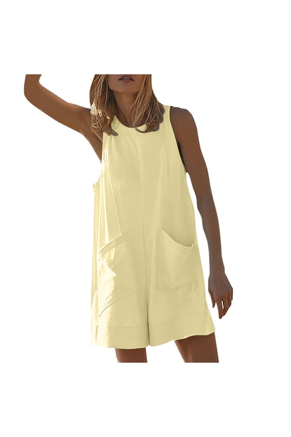 Women's Summer Rompers Loose Overalls Casual Sleeveless Solid Color Short Beach Jumpsuits with Pockets