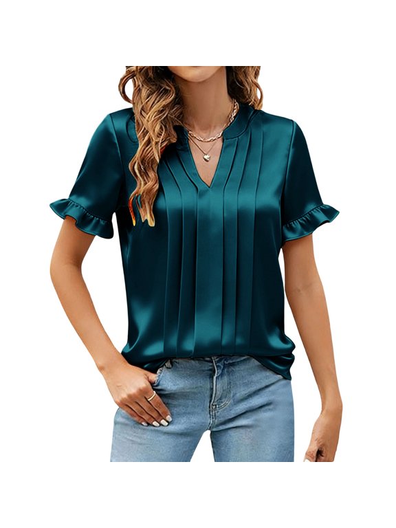 Women's Summer Satin Blouses Dressy Casual Ruffle Short Sleeve V Neck Business Work Cute Tops Pleated Front Shirts